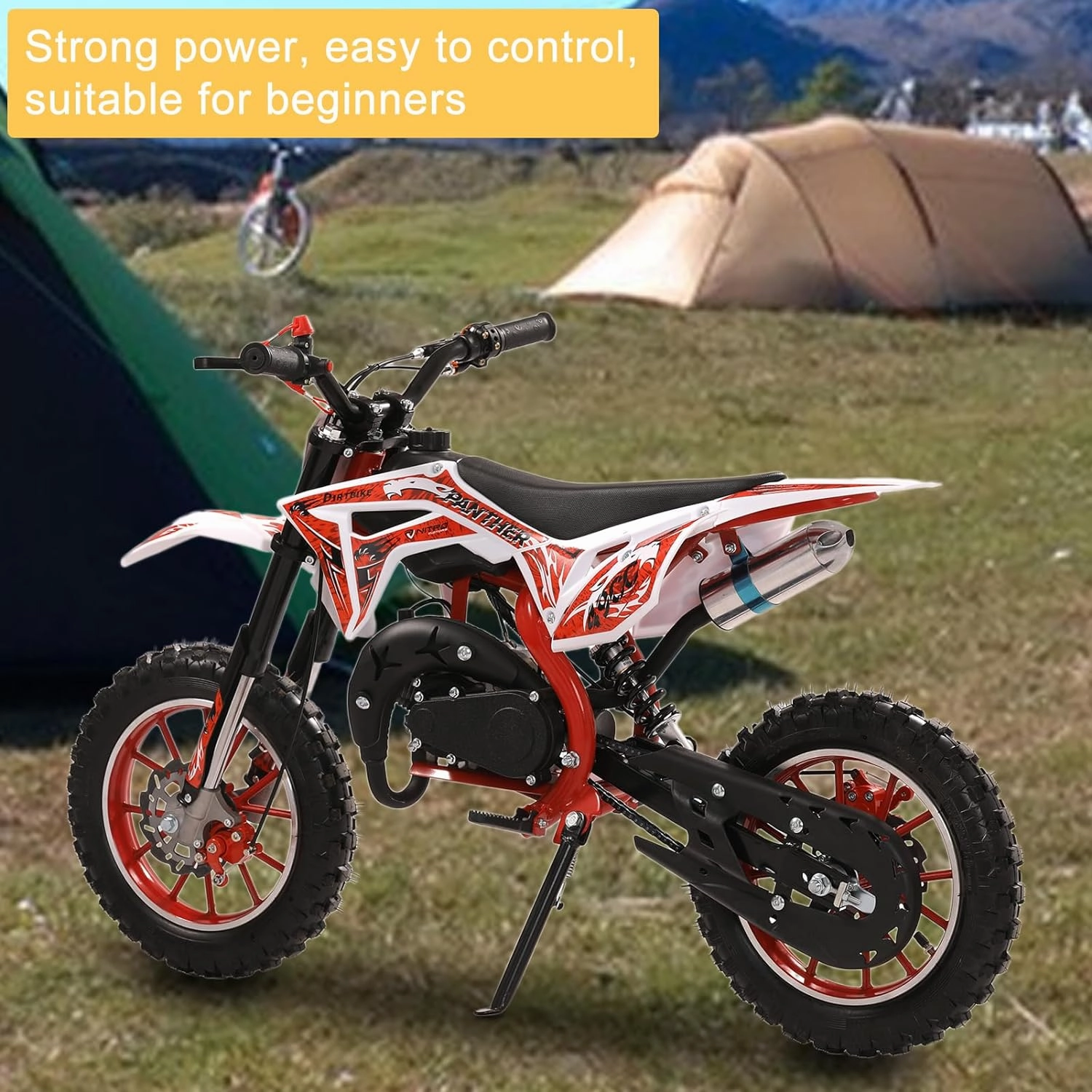 50cc Kids Gas Dirt Bike,Children 2-Stroke Gas Power Motorcycle Petrol Pocket Motorbike Off Road Mini Bike with Front Rear Disc Brakes Max Speed 40KM/H for Boy Girl Age 8-14 Red