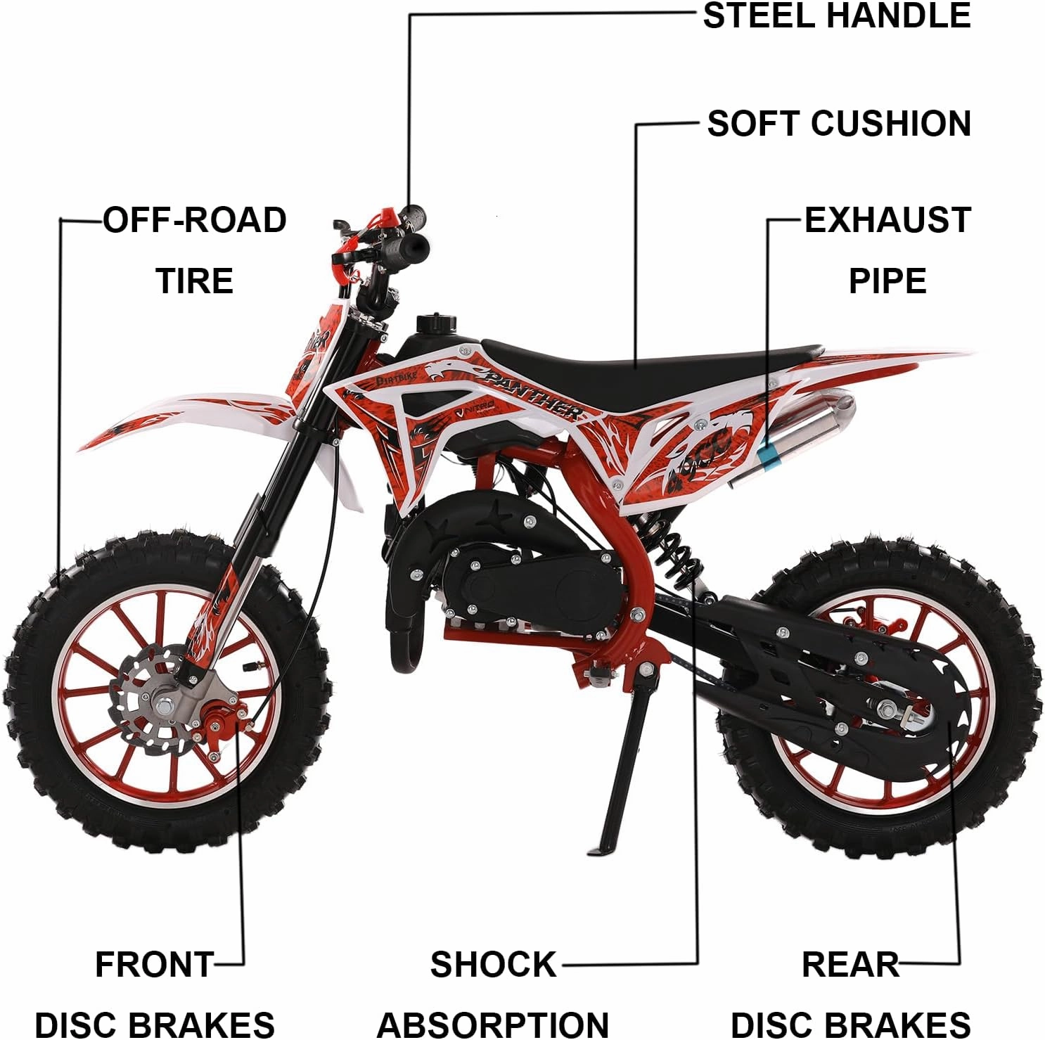 50cc Kids Gas Dirt Bike,Children 2-Stroke Gas Power Motorcycle Petrol Pocket Motorbike Off Road Mini Bike with Front Rear Disc Brakes Max Speed 40KM/H for Boy Girl Age 8-14 Red
