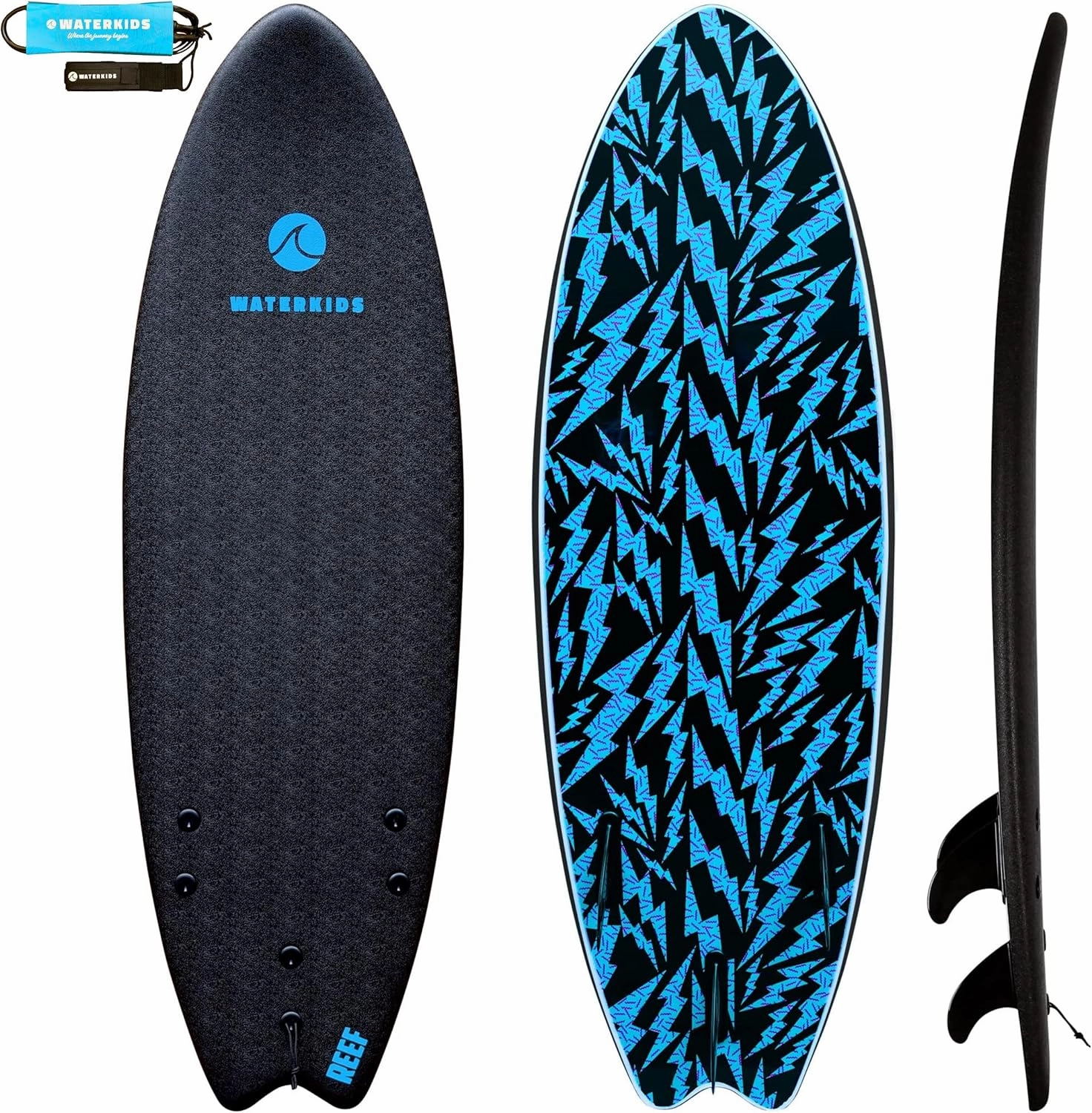 5'6 Reef Kids Surfboard & Leash, Perfect for Learning How to Surf, Made for Kids, Classic Fish Shape Beginner Surfboard, Soft Top Surfboard with Foam Core, Easy to Catch Waves & Progress