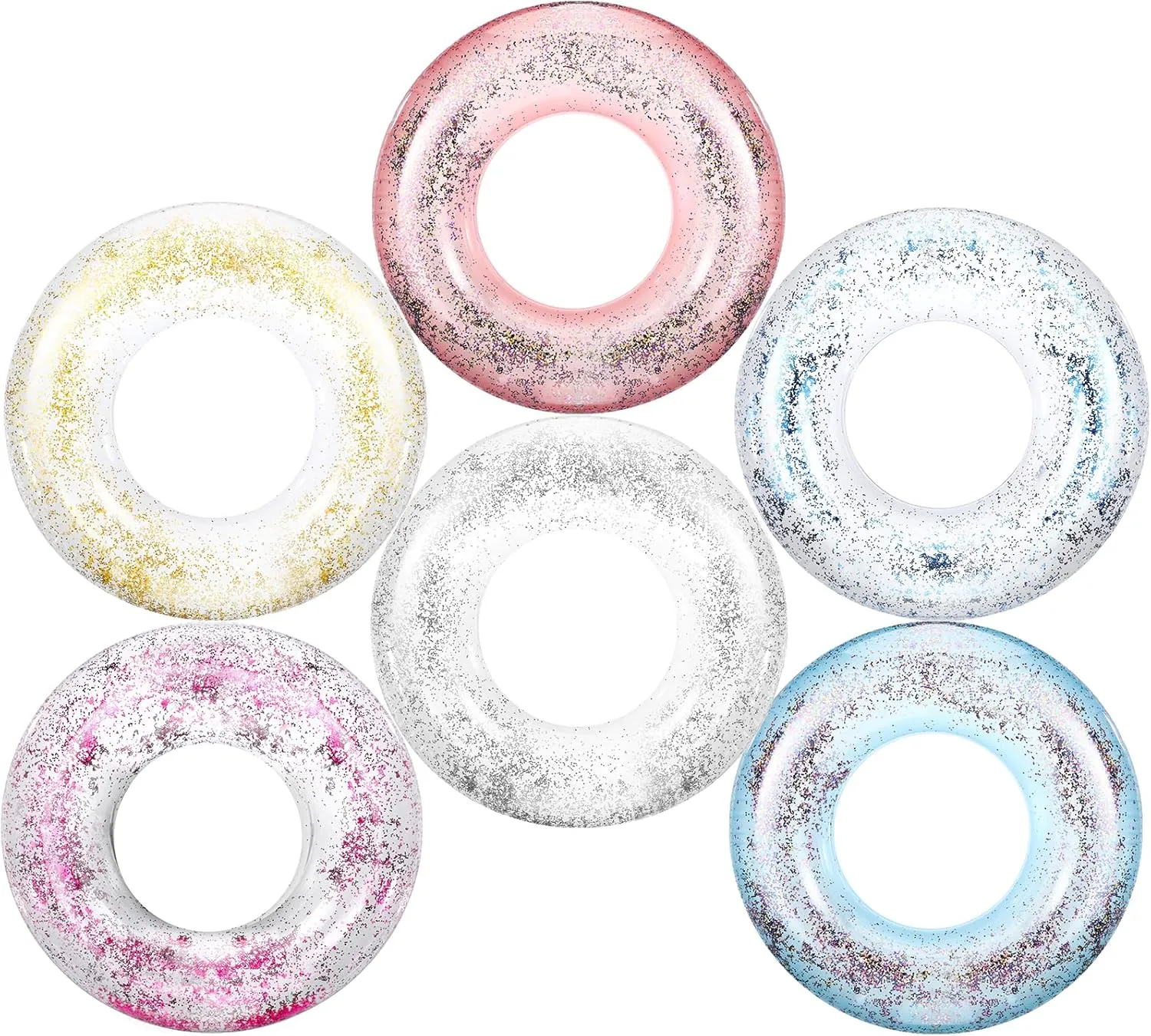 6 Pcs Glitter Pool Floats Inflatable Pool Tube Transparent Swimming Ring Bachelorette Party Floatie Colorful Disco Inner Tube for Adults, Bride Wedding Engagement Beach Party Favors