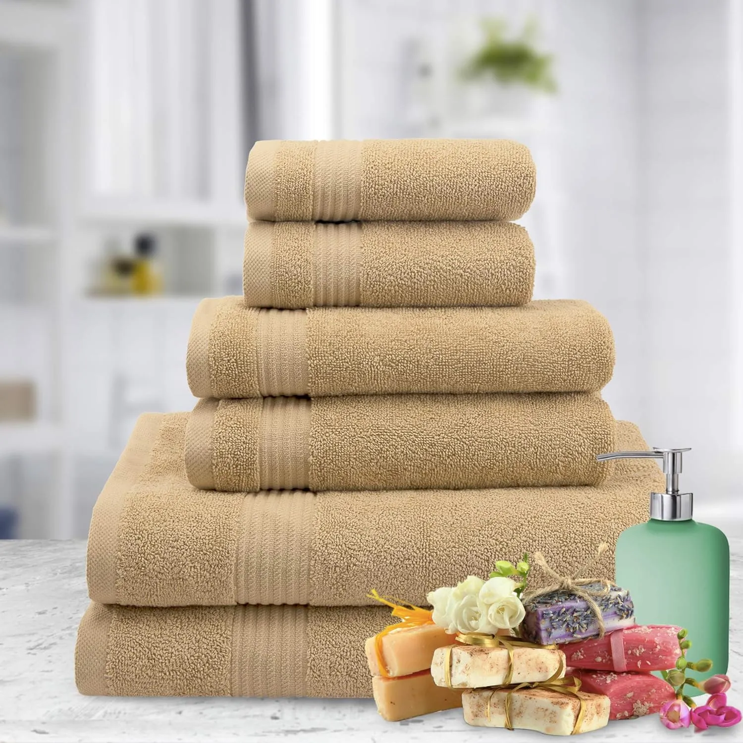 6 Piece Towel Set for Bathroom Clearance Prime, 100% Cotton Turkish Bathroom Towels, 2 Bath Towels 2 Hand Towels 2 Washcloths, Beige