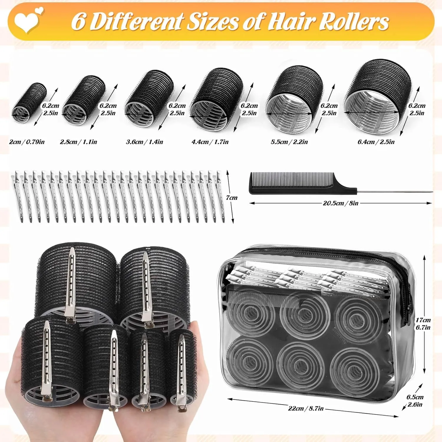 6 Size Hair Rollers for Women, 62 Pcs Rollers Hair Curlers for Long Medium Short Hair, Large Medium Small Self Grip Hair Rollers with 36 Rollers 24 Stainless steel Clips 1 Storage Bag