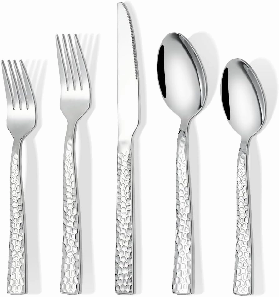 60-Piece Silverware Set, Stainless Steel Hammered Flatware Set for 12, Food-Grade Cutlery Set, Home Kitchen Utensil Set Include Knives Forks and Spoons Silverware Set, Mirror Finish, Dishwasher Safe