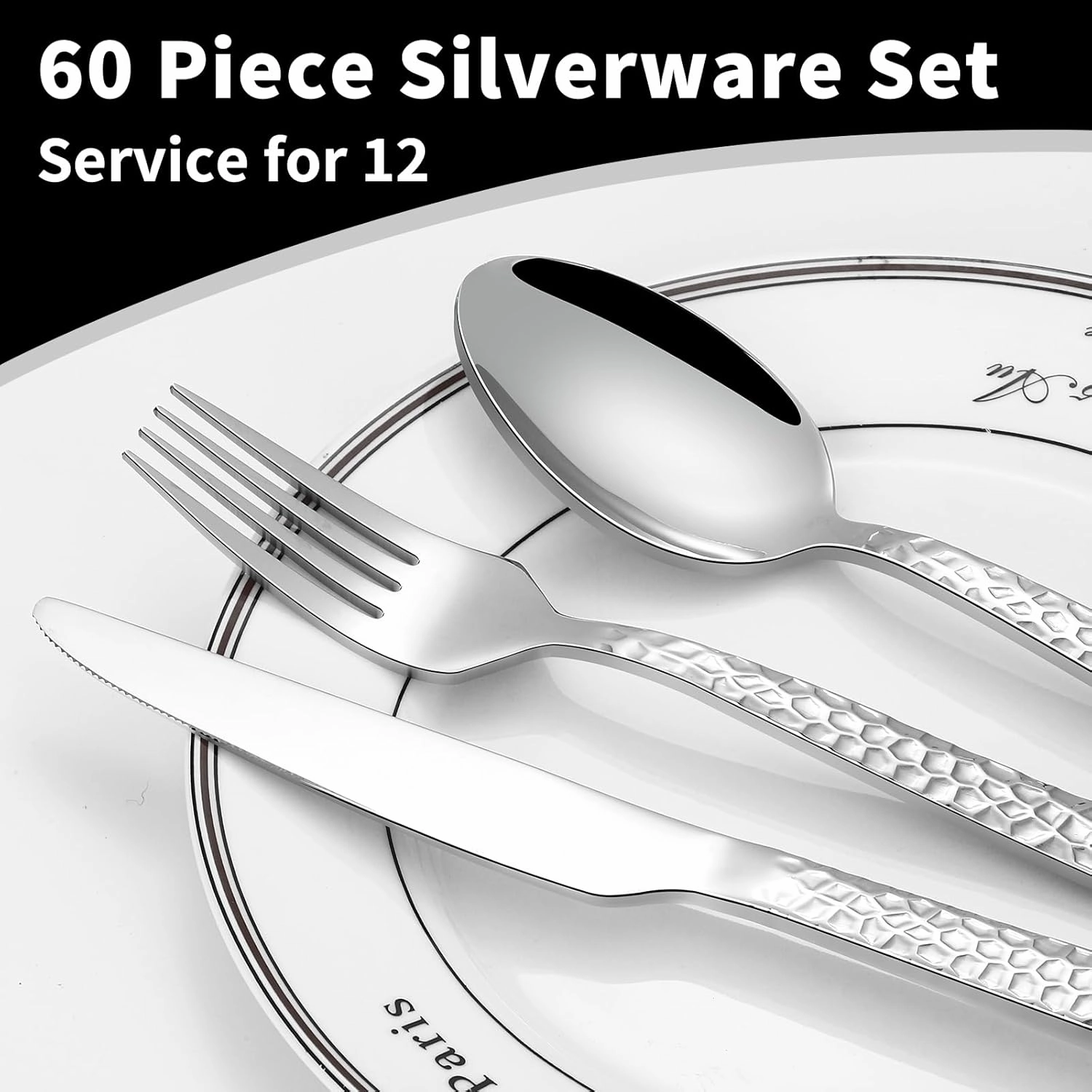 60-Piece Silverware Set, Stainless Steel Hammered Flatware Set for 12, Food-Grade Cutlery Set, Home Kitchen Utensil Set Include Knives Forks and Spoons Silverware Set, Mirror Finish, Dishwasher Safe