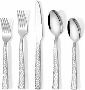 60-Piece Silverware Set, Stainless Steel Hammered Flatware Set for 12, Food-Grade Cutlery Set, Home Kitchen Utensil Set Include Knives Forks and Spoons Silverware Set, Mirror Finish, Dishwasher Safe