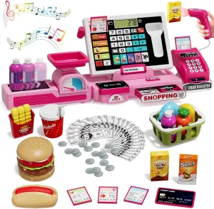 63PCS Cash Register for Kids, Kids Cash Register with Real Calculator, Pretend Play Store with Music/Motorized Conveyor/Play Money/Food Toys, Learning Toys for Boys Girls 3 , Pink