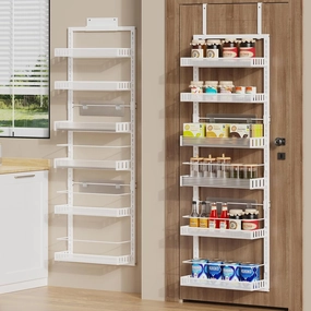 6-Tier Over The Door Pantry Organizer, 2 in 1 Large Door Spice Rack with Adjustable Metal Baskets, Heavy Duty Hanging or Wall Mounted Storage Organizer for Kitchen Pantry and Room Wall