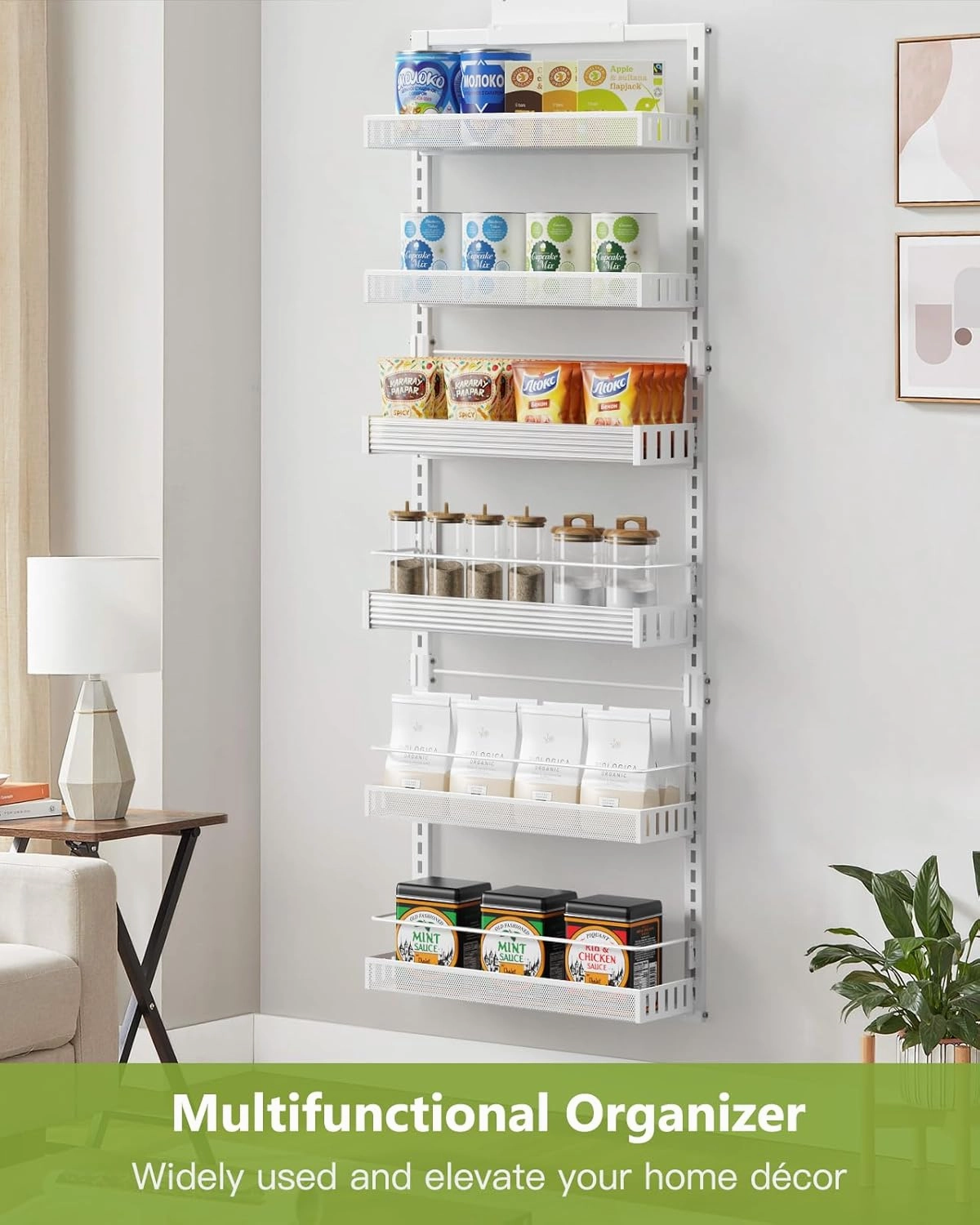 6-Tier Over The Door Pantry Organizer, 2 in 1 Large Door Spice Rack with Adjustable Metal Baskets, Heavy Duty Hanging or Wall Mounted Storage Organizer for Kitchen Pantry and Room Wall