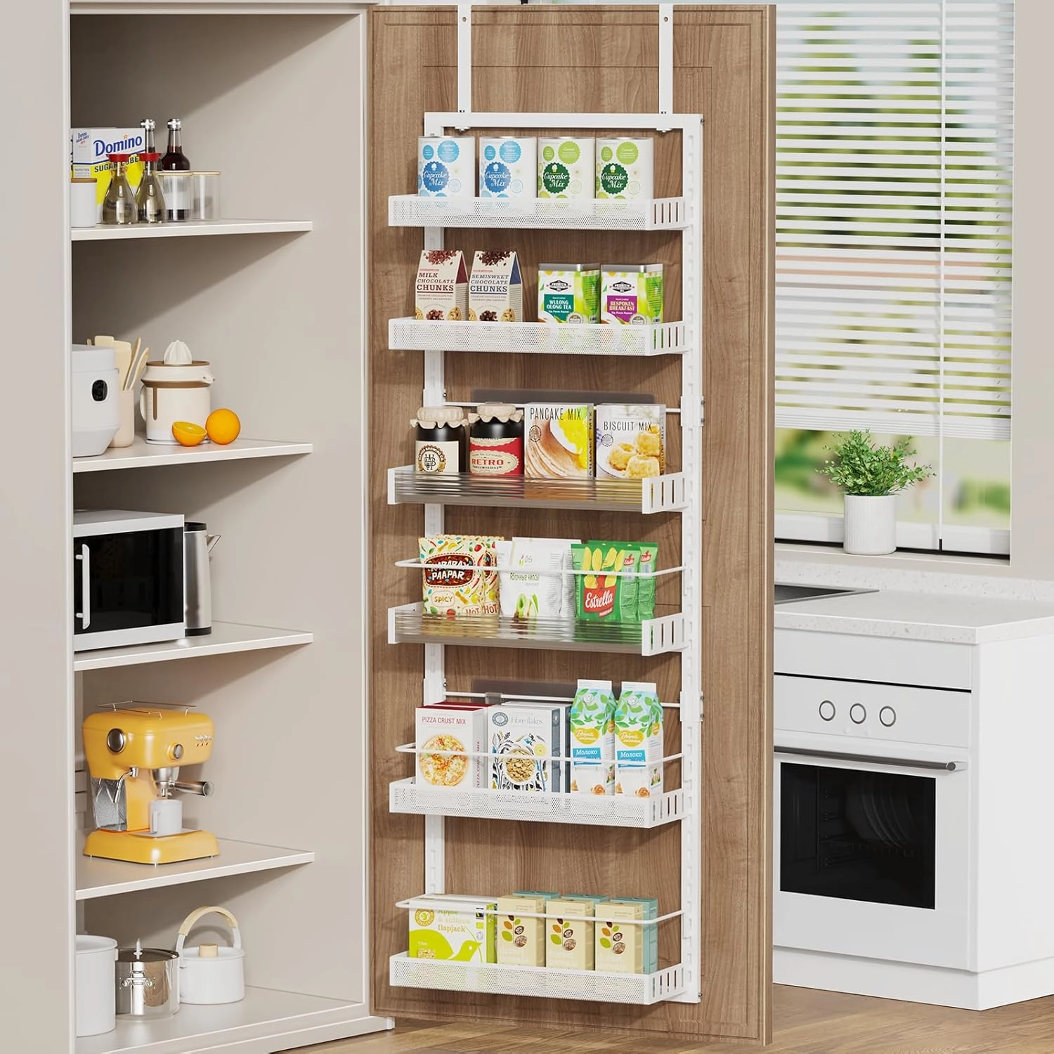 6-Tier Over The Door Pantry Organizer, 2 in 1 Large Door Spice Rack with Adjustable Metal Baskets, Heavy Duty Hanging or Wall Mounted Storage Organizer for Kitchen Pantry and Room Wall