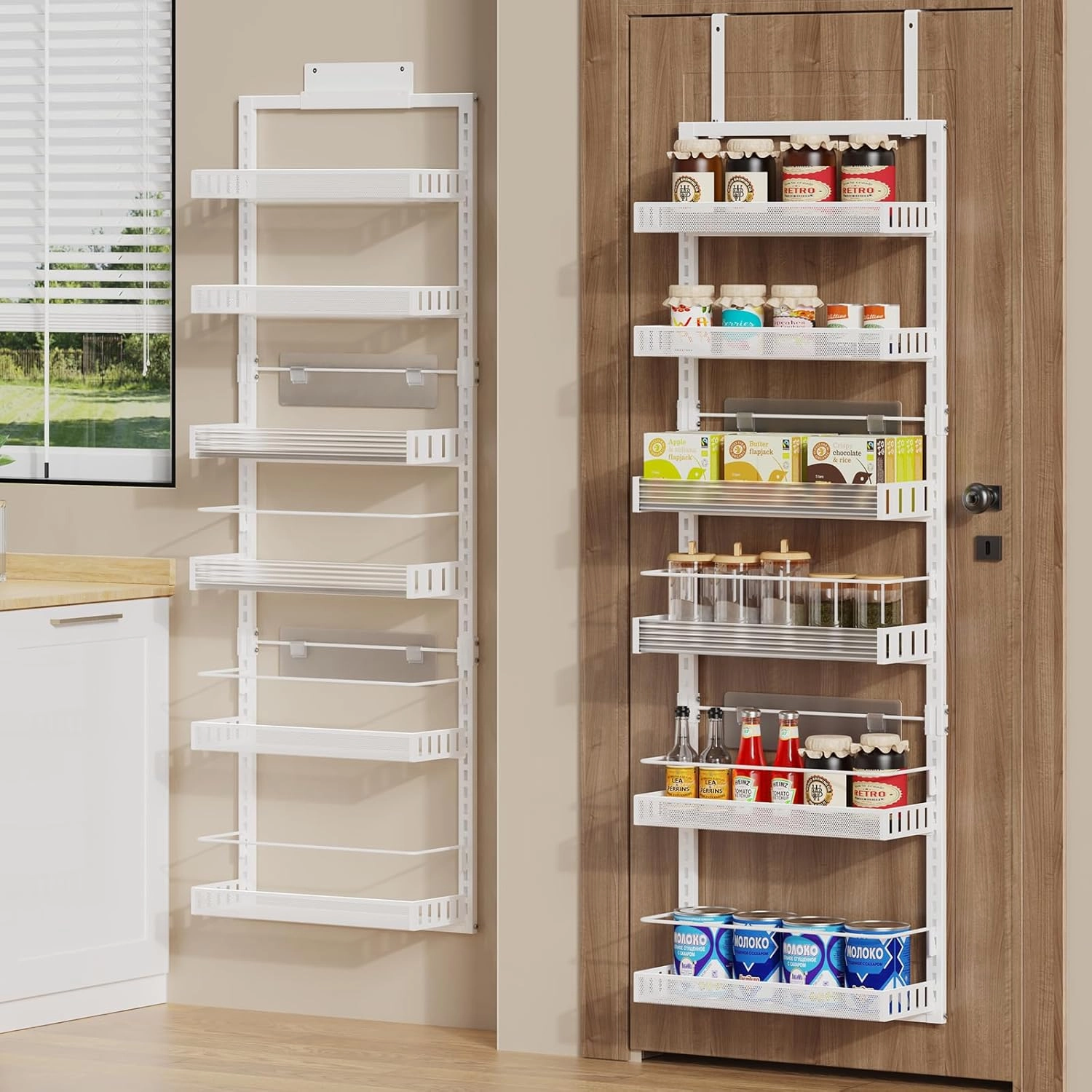6-Tier Over The Door Pantry Organizer, 2 in 1 Large Door Spice Rack with Adjustable Metal Baskets, Heavy Duty Hanging or Wall Mounted Storage Organizer for Kitchen Pantry and Room Wall