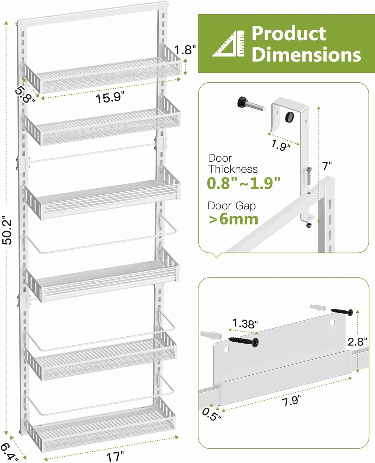 6-Tier Over The Door Pantry Organizer, 2 in 1 Large Door Spice Rack with Adjustable Metal Baskets, Heavy Duty Hanging or Wall Mounted Storage Organizer for Kitchen Pantry and Room Wall