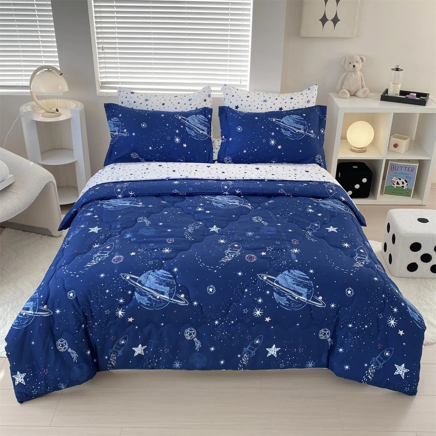 7 Piece Boys Space Comforter Set Full Size Bed in A Bag Star Rocket Galaxy Universe Planets Bedding Set for Kids Teens Girls Microfiber Blue Quilt All Season