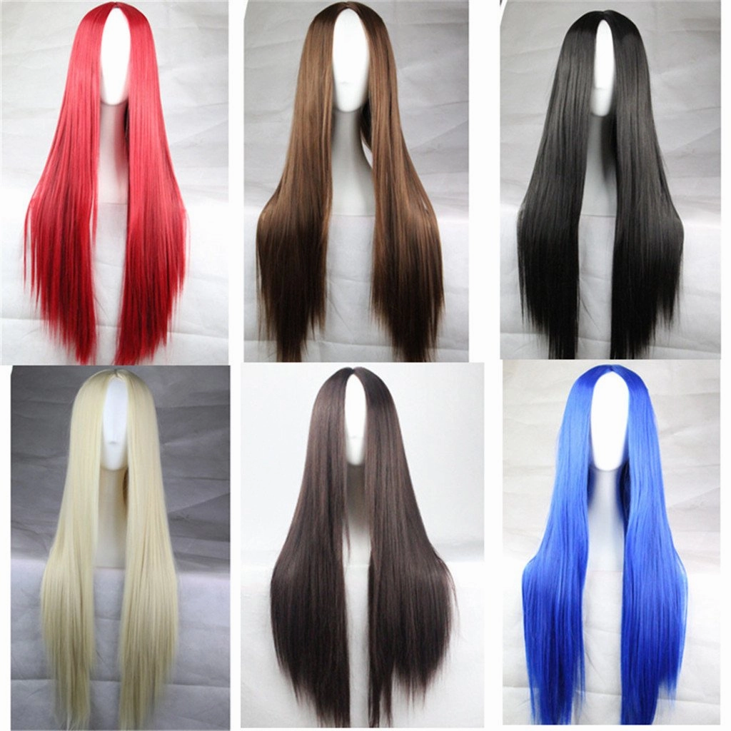 75cm 29.5 inches Blue Wig Women's Long Straight Middle Part Synthetic Hair Wigs No bangs Cosplay Anime Halloween Costume Party Hair Wig for Women with Wig Cap