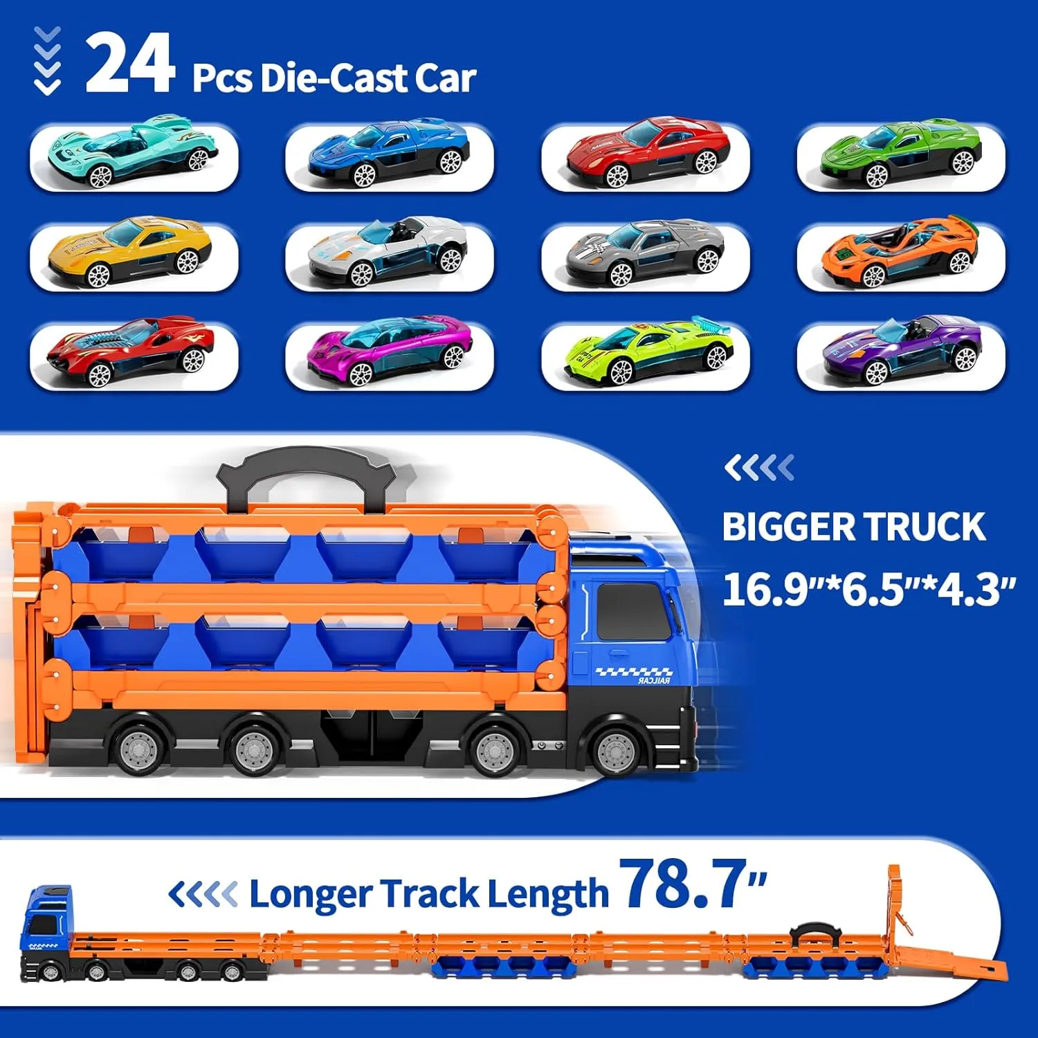 78-Inch Cars Trucks Toys for Toddlers 1-3 2-4 3-5 4-7 Years Old Boys Kids, Transport Truck with 24 Pcs Die-Cast Cars, Toy Gifts for 3 4 5 6 Year Old Boys, Toddler Gift Toys Ages 3-5 4-7