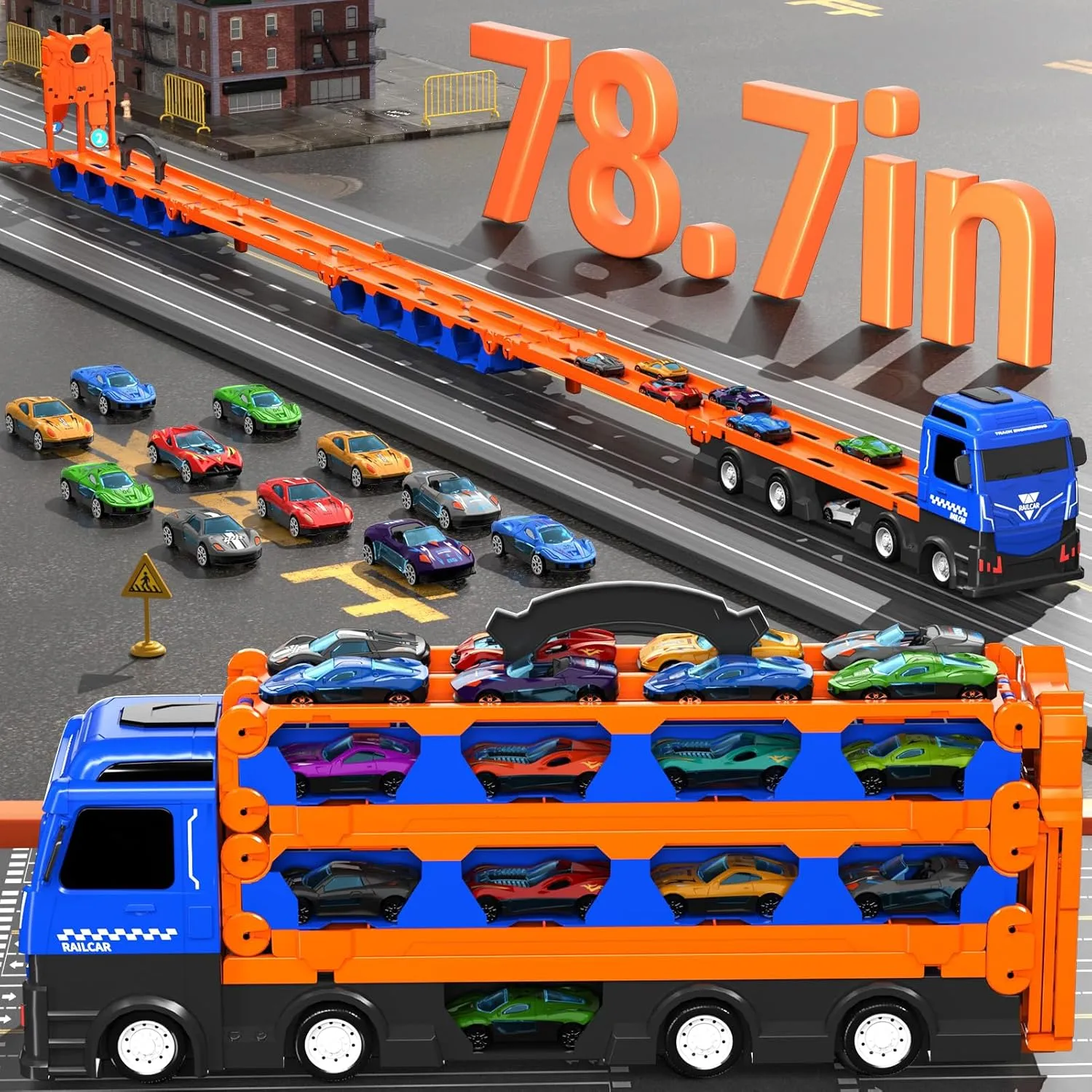 78-Inch Cars Trucks Toys for Toddlers 1-3 2-4 3-5 4-7 Years Old Boys Kids, Transport Truck with 24 Pcs Die-Cast Cars, Toy Gifts for 3 4 5 6 Year Old Boys, Toddler Gift Toys Ages 3-5 4-7