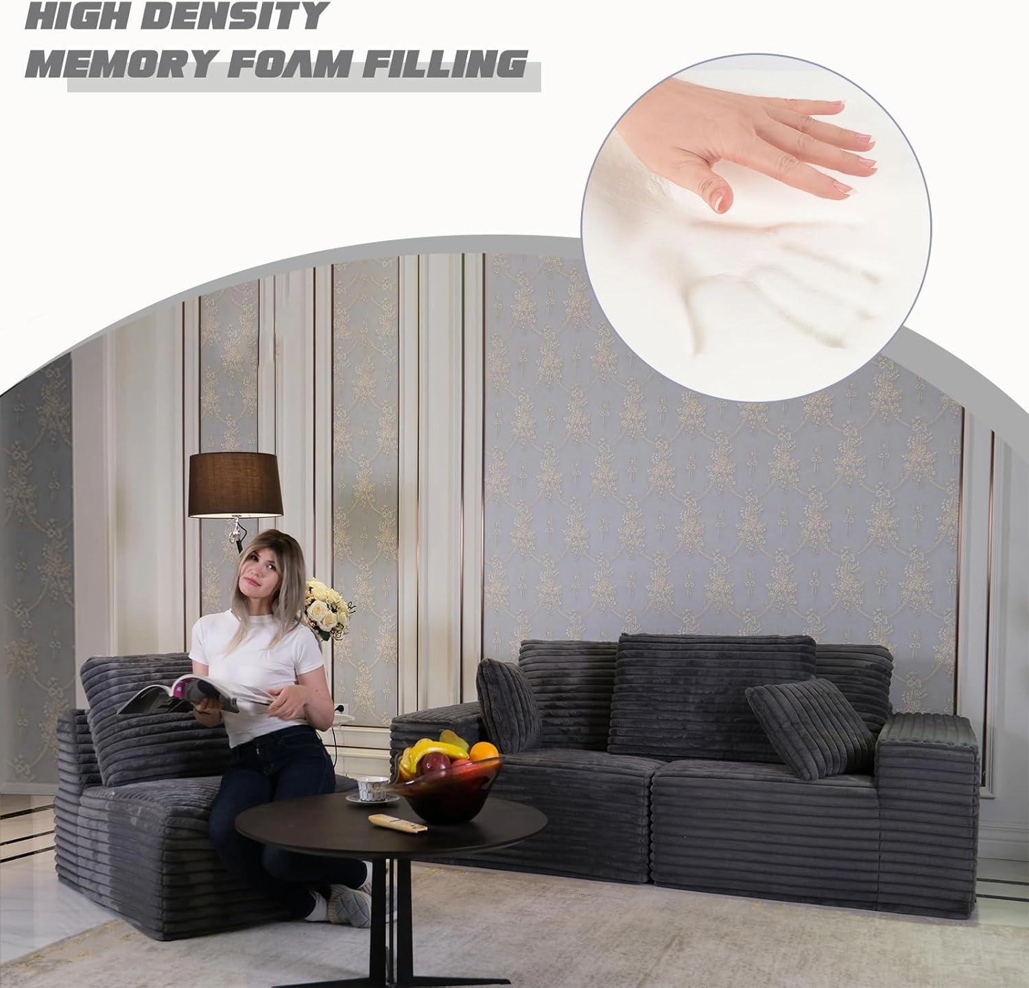 85" Cloud Small Love Seat Couches, Modular L Shaped Sectional Sofa with Chaise, Plush Corduroy Couch, No Assembly Deep Seat Memory Foam Couch with 2 Pillows for Apartment & Bedroom,Grey