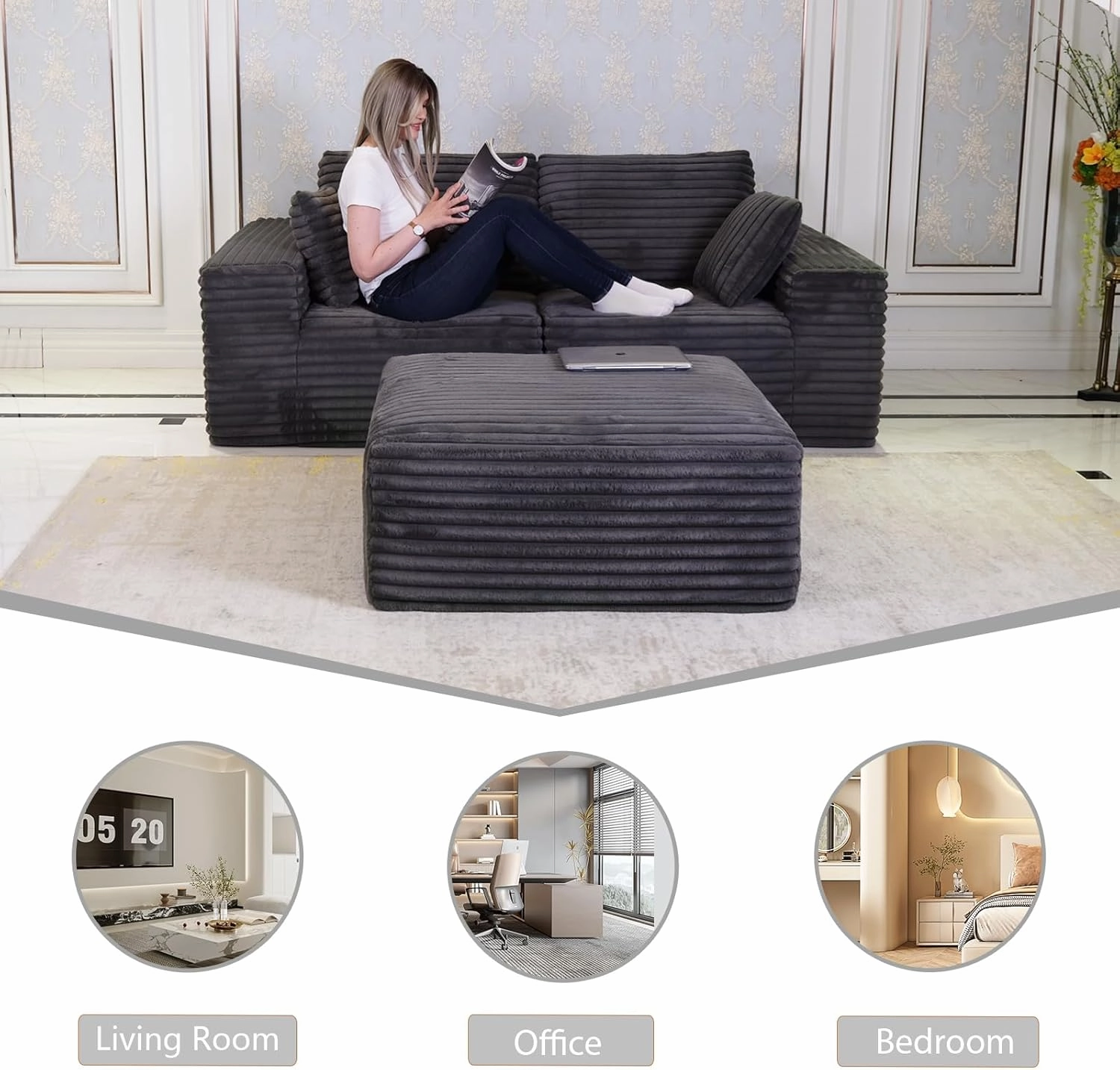 85" Cloud Small Love Seat Couches, Modular L Shaped Sectional Sofa with Chaise, Plush Corduroy Couch, No Assembly Deep Seat Memory Foam Couch with 2 Pillows for Apartment & Bedroom,Grey