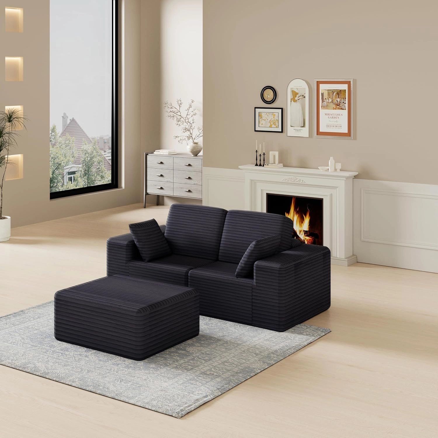 85" Cloud Small Love Seat Couches, Modular L Shaped Sectional Sofa with Chaise, Plush Corduroy Couch, No Assembly Deep Seat Memory Foam Couch with 2 Pillows for Apartment & Bedroom,Grey