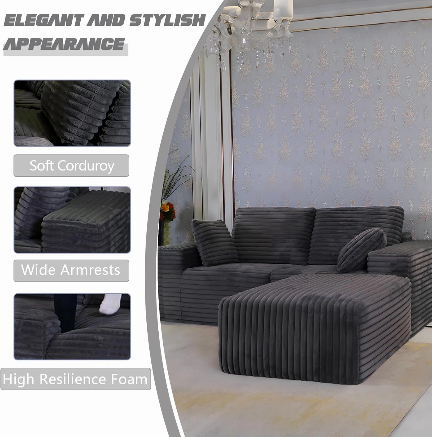 85" Cloud Small Love Seat Couches, Modular L Shaped Sectional Sofa with Chaise, Plush Corduroy Couch, No Assembly Deep Seat Memory Foam Couch with 2 Pillows for Apartment & Bedroom,Grey
