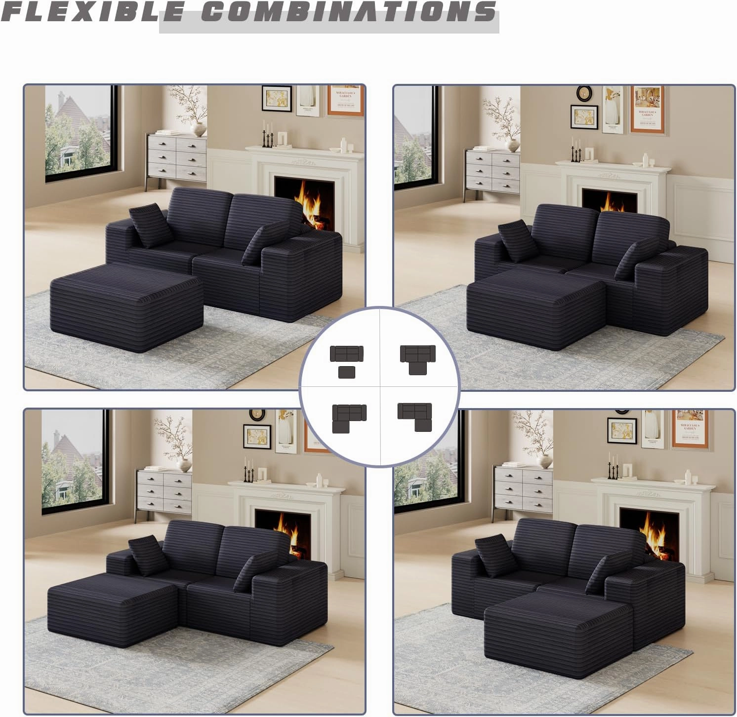 85" Cloud Small Love Seat Couches, Modular L Shaped Sectional Sofa with Chaise, Plush Corduroy Couch, No Assembly Deep Seat Memory Foam Couch with 2 Pillows for Apartment & Bedroom,Grey