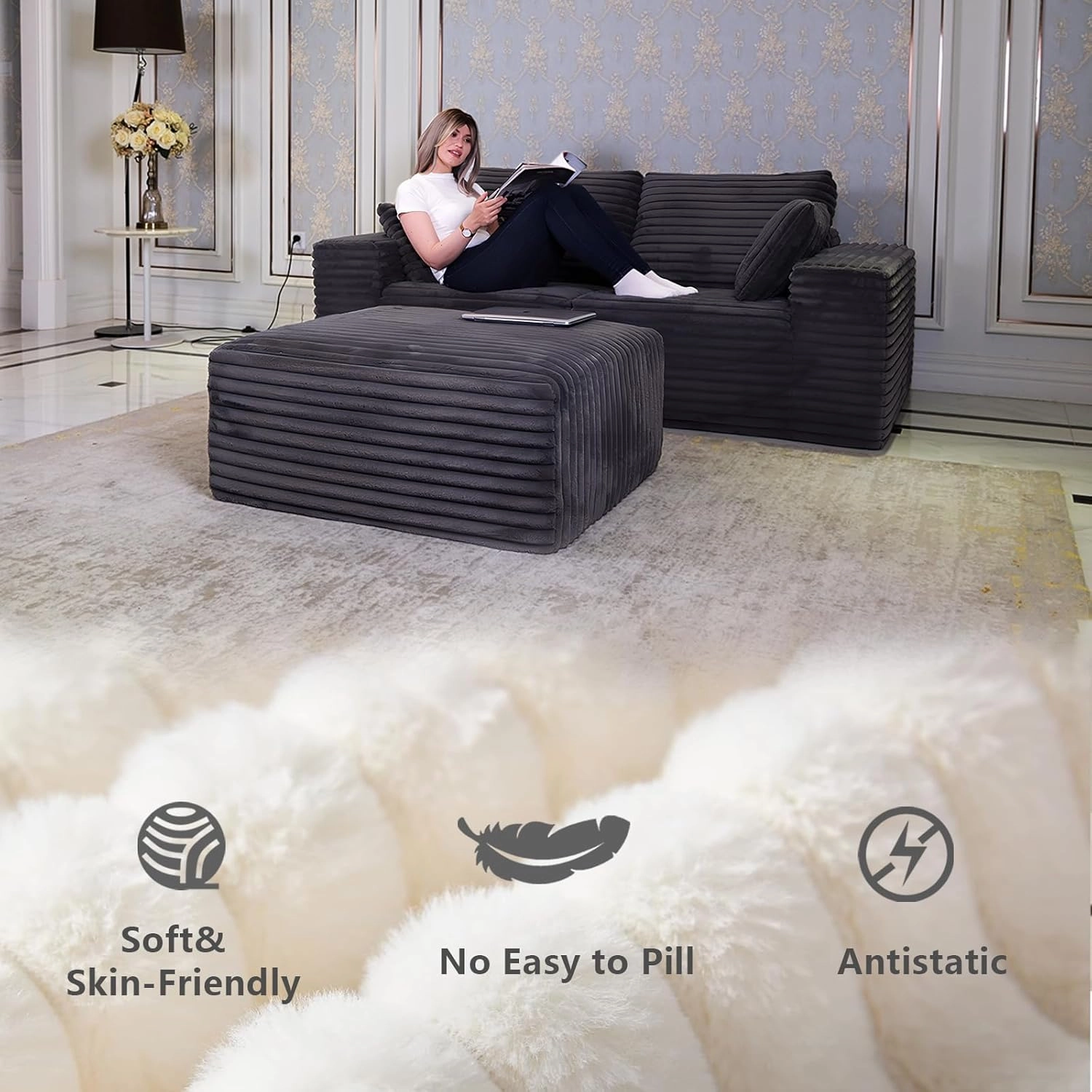 85" Cloud Small Love Seat Couches, Modular L Shaped Sectional Sofa with Chaise, Plush Corduroy Couch, No Assembly Deep Seat Memory Foam Couch with 2 Pillows for Apartment & Bedroom,Grey