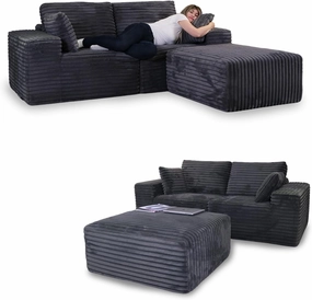 85" Cloud Small Love Seat Couches, Modular L Shaped Sectional Sofa with Chaise, Plush Corduroy Couch, No Assembly Deep Seat Memory Foam Couch with 2 Pillows for Apartment & Bedroom,Grey