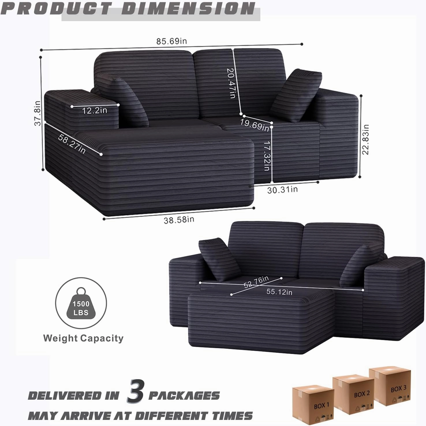 85" Cloud Small Love Seat Couches, Modular L Shaped Sectional Sofa with Chaise, Plush Corduroy Couch, No Assembly Deep Seat Memory Foam Couch with 2 Pillows for Apartment & Bedroom,Grey