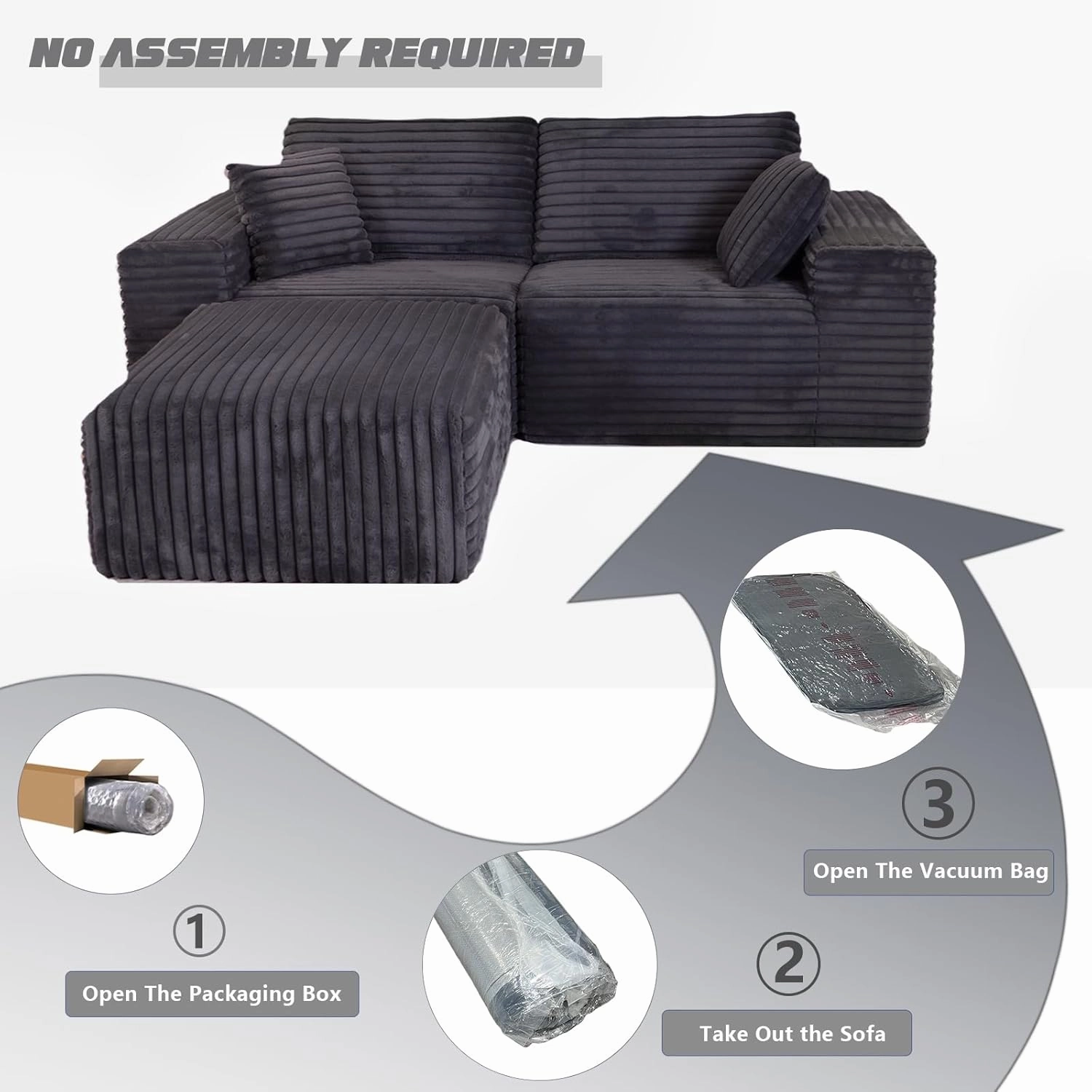 85" Cloud Small Love Seat Couches, Modular L Shaped Sectional Sofa with Chaise, Plush Corduroy Couch, No Assembly Deep Seat Memory Foam Couch with 2 Pillows for Apartment & Bedroom,Grey