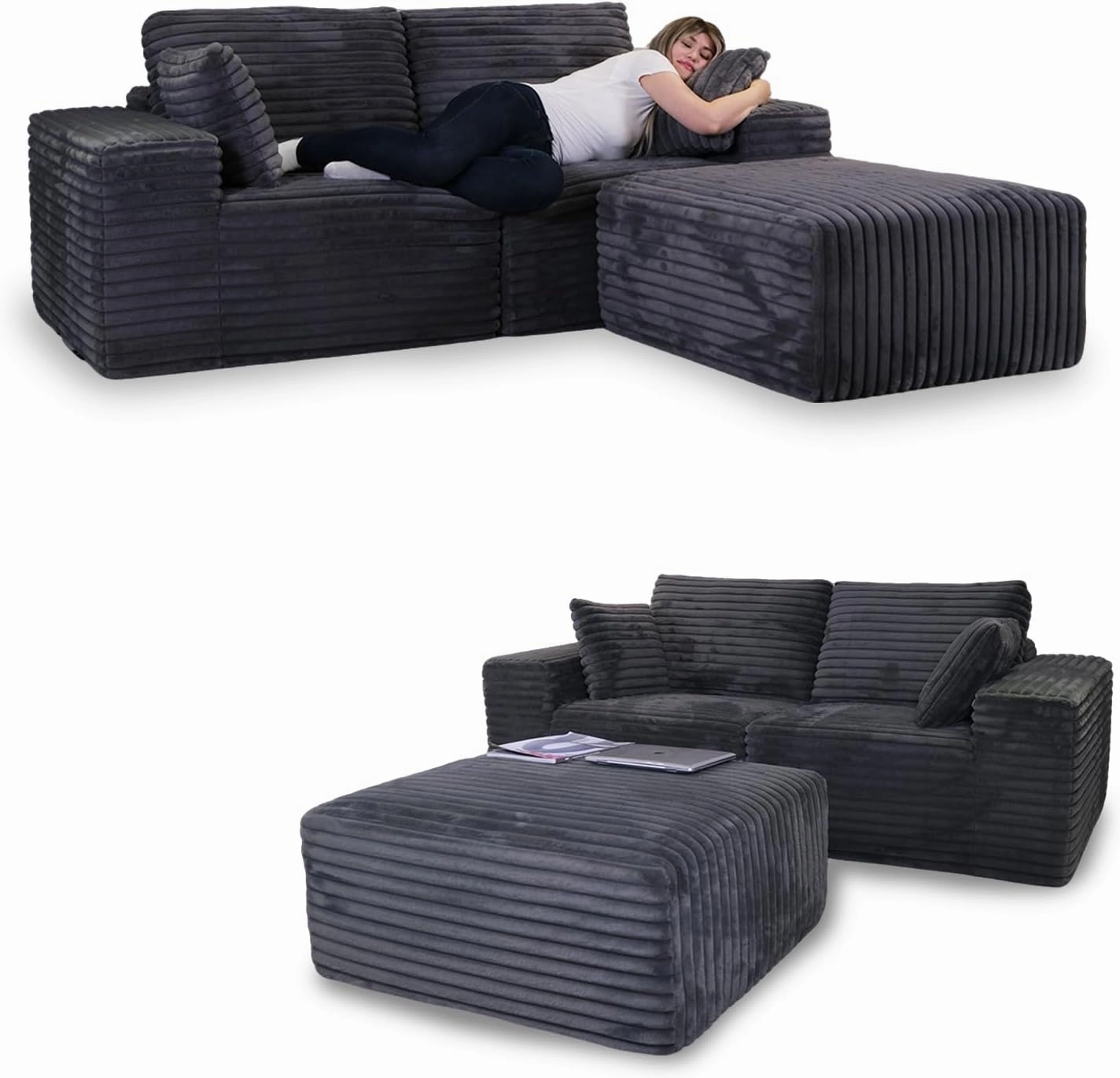 85" Cloud Small Love Seat Couches, Modular L Shaped Sectional Sofa with Chaise, Plush Corduroy Couch, No Assembly Deep Seat Memory Foam Couch with 2 Pillows for Apartment & Bedroom,Grey
