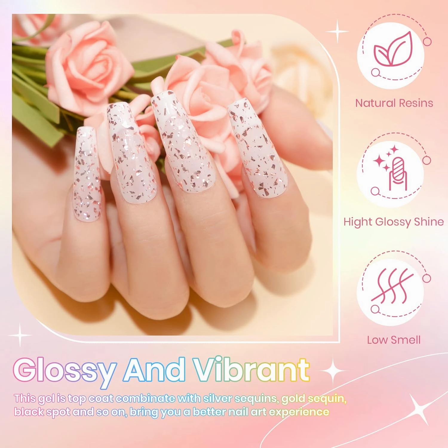 8Colors Glitter Top Coat Gel Silver Gold Sequin Top Coat Eggshell Top Coat Gel Polish Reflective Glitter Top Coat Sparkle Shiny Shimmer No Wipe Gel Top Coat Gel Polish