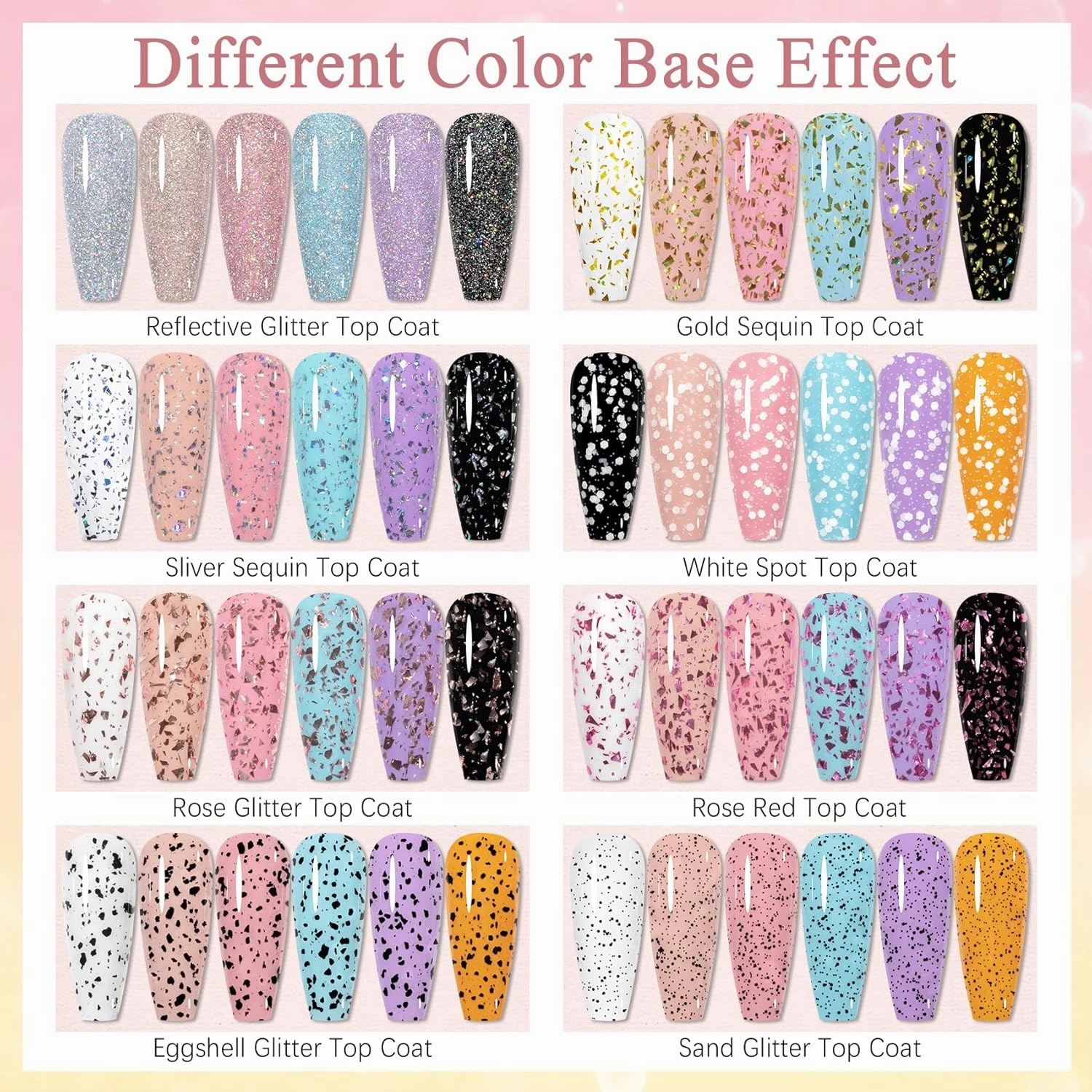 8Colors Glitter Top Coat Gel Silver Gold Sequin Top Coat Eggshell Top Coat Gel Polish Reflective Glitter Top Coat Sparkle Shiny Shimmer No Wipe Gel Top Coat Gel Polish
