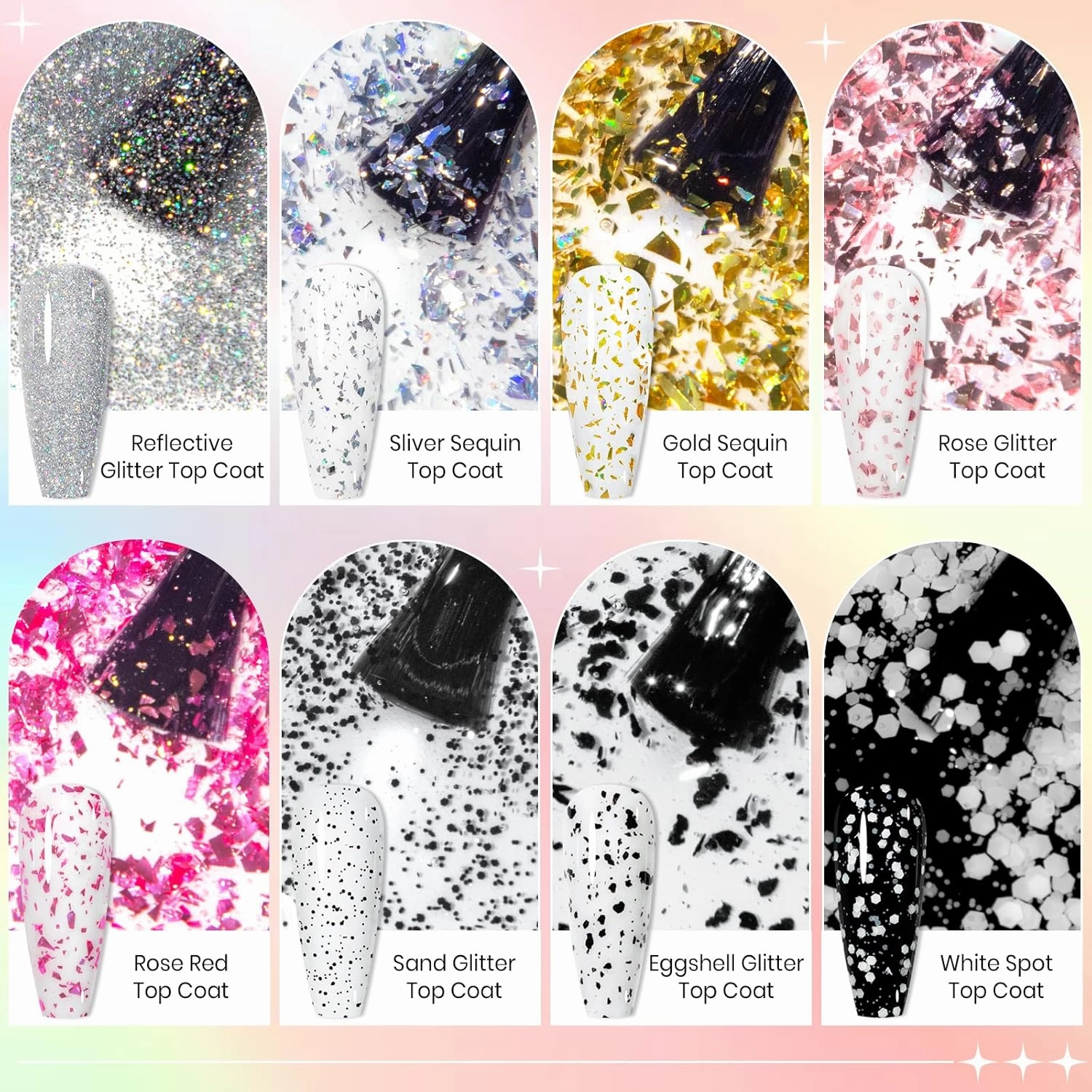 8Colors Glitter Top Coat Gel Silver Gold Sequin Top Coat Eggshell Top Coat Gel Polish Reflective Glitter Top Coat Sparkle Shiny Shimmer No Wipe Gel Top Coat Gel Polish