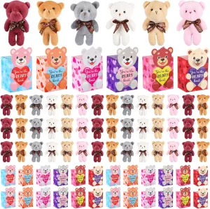 96 Sets Valentines Mini Bear Set, 4.7 Inch Plush Tiny Bears with Boxes Valentines Gift Cute Stuffed Mini animals Bulk for Valentine's Day Gift, Party Favors, Wedding Supplies, 6 Styles