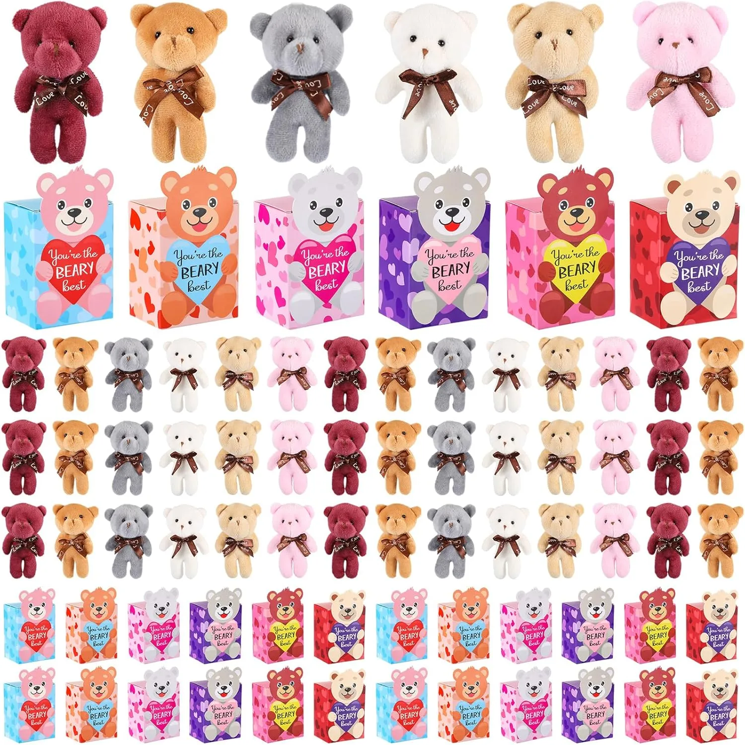 96 Sets Valentines Mini Bear Set, 4.7 Inch Plush Tiny Bears with Boxes Valentines Gift Cute Stuffed Mini animals Bulk for Valentine's Day Gift, Party Favors, Wedding Supplies, 6 Styles