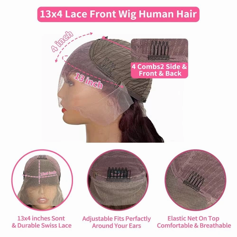 99J Burgundy Body Wave Bob Wig Human Hair 13x4 Frontal Lace Wig 180% Density HD Lace Front Wigs Human Hair Pre Plucked Bleached Knots Glueless Wine Red Bob Wigs for Women Human Hair 12 Inch