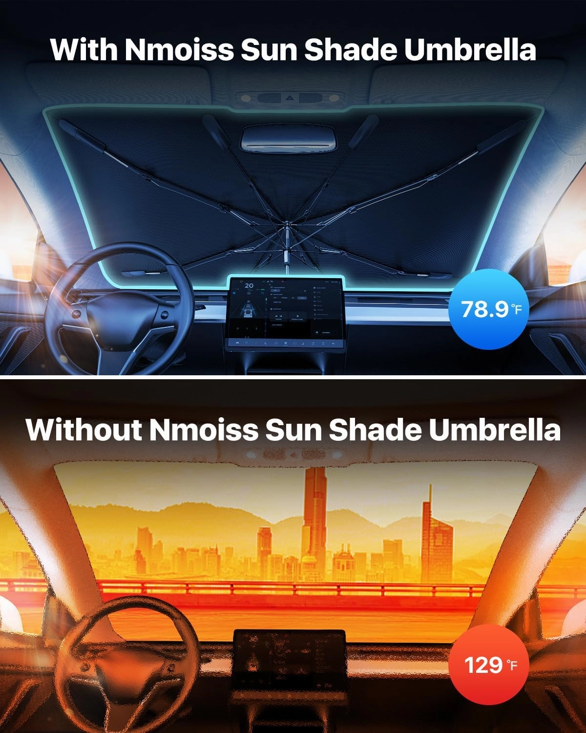 [2025 Upgrade] Nmoiss Windshield Sun Shade Umbrella - [Vinyl Coating Heat Shield] Protect Car from Sun Rays & Heat Damage Keep Cool and Protect Interior, Spring Structure Edge Medium 56" L x 31" W