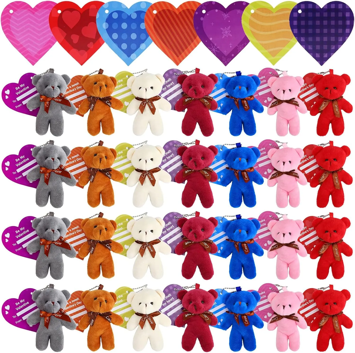 Acekid 28PCS Valentine's Day Gift Cards Plush Bear Stuffed Keychain Toys for Kids, Mini Animal Plush Toys for Valentines Exchange, School Classroom Prize