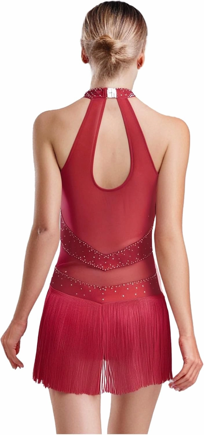ACSUSS Womens Tassel Latin Dance Leotard Bodysuit Sleeveless Fringe Tango Samba Cha-cha Competition Costume