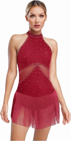 ACSUSS Womens Tassel Latin Dance Leotard Bodysuit Sleeveless Fringe Tango Samba Cha-cha Competition Costume