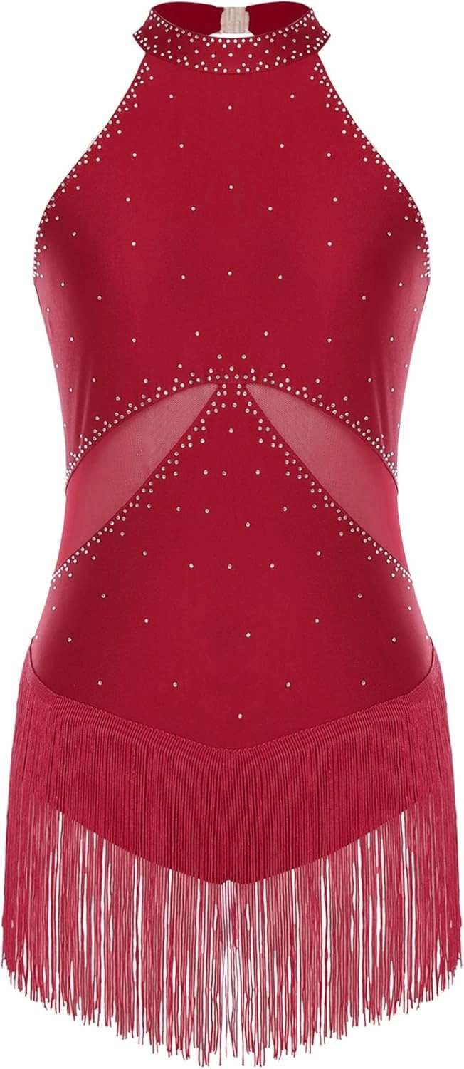 ACSUSS Womens Tassel Latin Dance Leotard Bodysuit Sleeveless Fringe Tango Samba Cha-cha Competition Costume