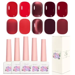 Adhere 12ML 5Colours Thermal Temperature Color Changing, Cat Eyes Red Orange Translucent Red Purple Tone Red Gel Nail Polish with Magnet Soak-Off UV/LED for Salon DIY Home