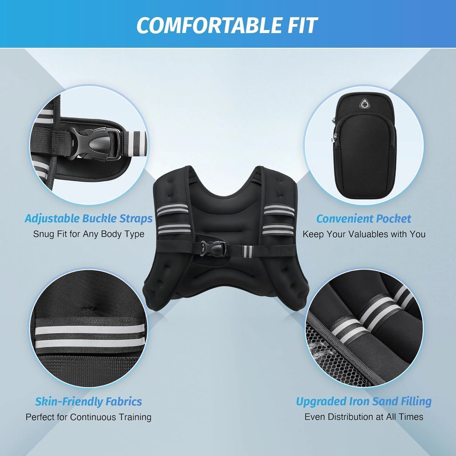 Adjustable Weighted Vest with Iron Sand, 6-30 lb, Reflective Stripes, Comfort Fit Training Vest for Running, Workout