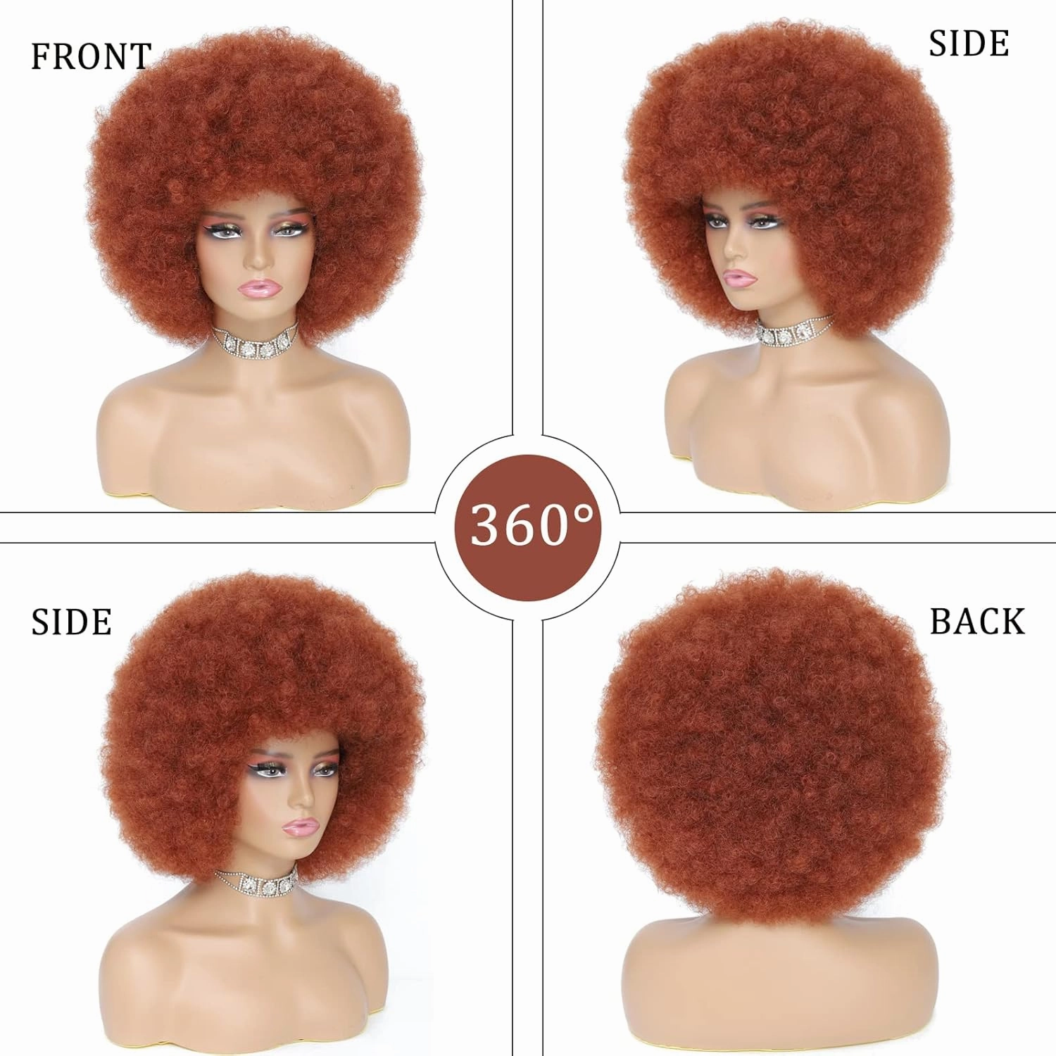 Afro Wig - 70s Auburn & Copper Red Afro Curly Wigs for Women & Men, Soft Kinky Bouncy Curls, With Bangs, Synthetic Hair For Daily & Party Use