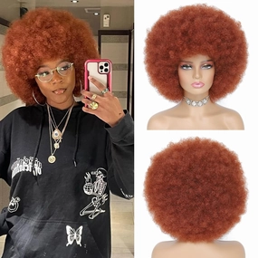 Afro Wig - 70s Auburn & Copper Red Afro Curly Wigs for Women & Men, Soft Kinky Bouncy Curls, With Bangs, Synthetic Hair For Daily & Party Use