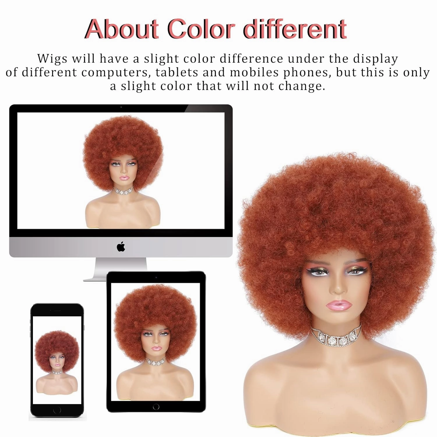 Afro Wig - 70s Auburn & Copper Red Afro Curly Wigs for Women & Men, Soft Kinky Bouncy Curls, With Bangs, Synthetic Hair For Daily & Party Use