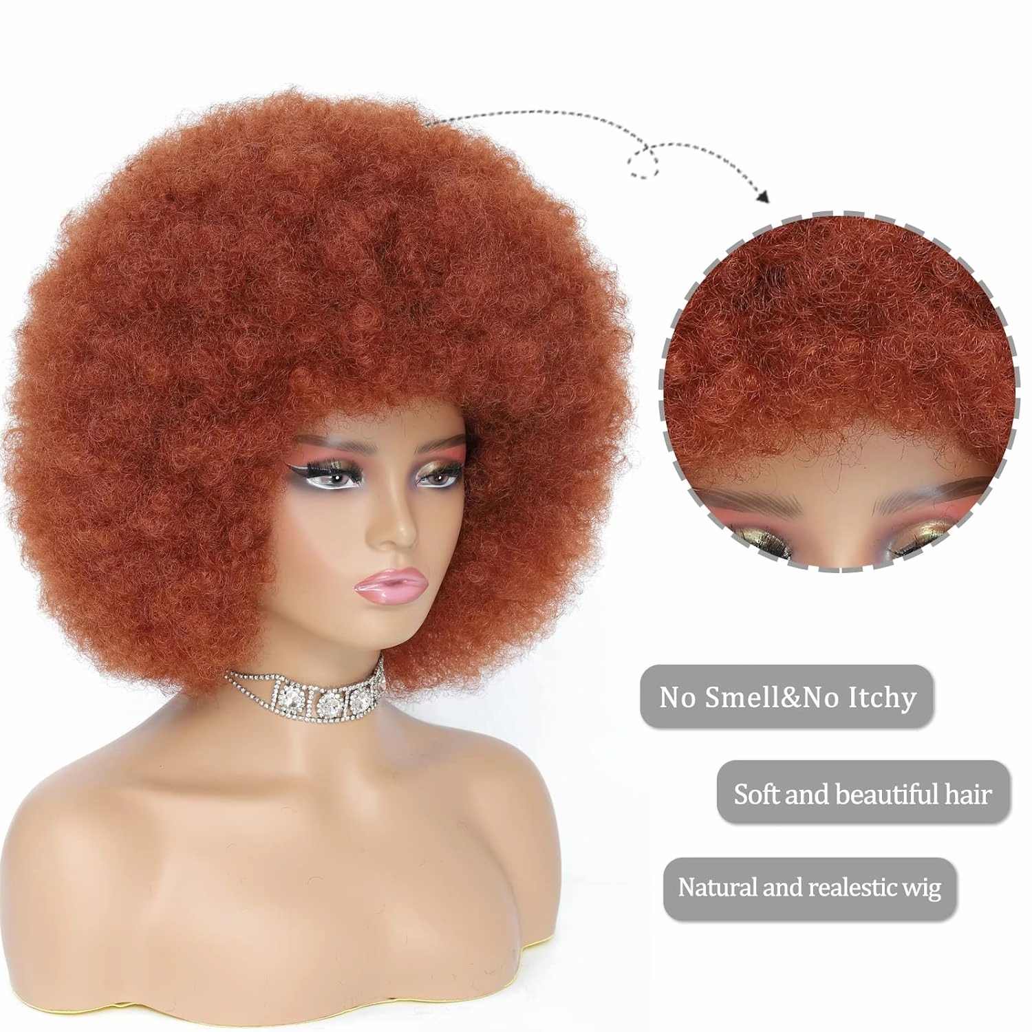 Afro Wig - 70s Auburn & Copper Red Afro Curly Wigs for Women & Men, Soft Kinky Bouncy Curls, With Bangs, Synthetic Hair For Daily & Party Use