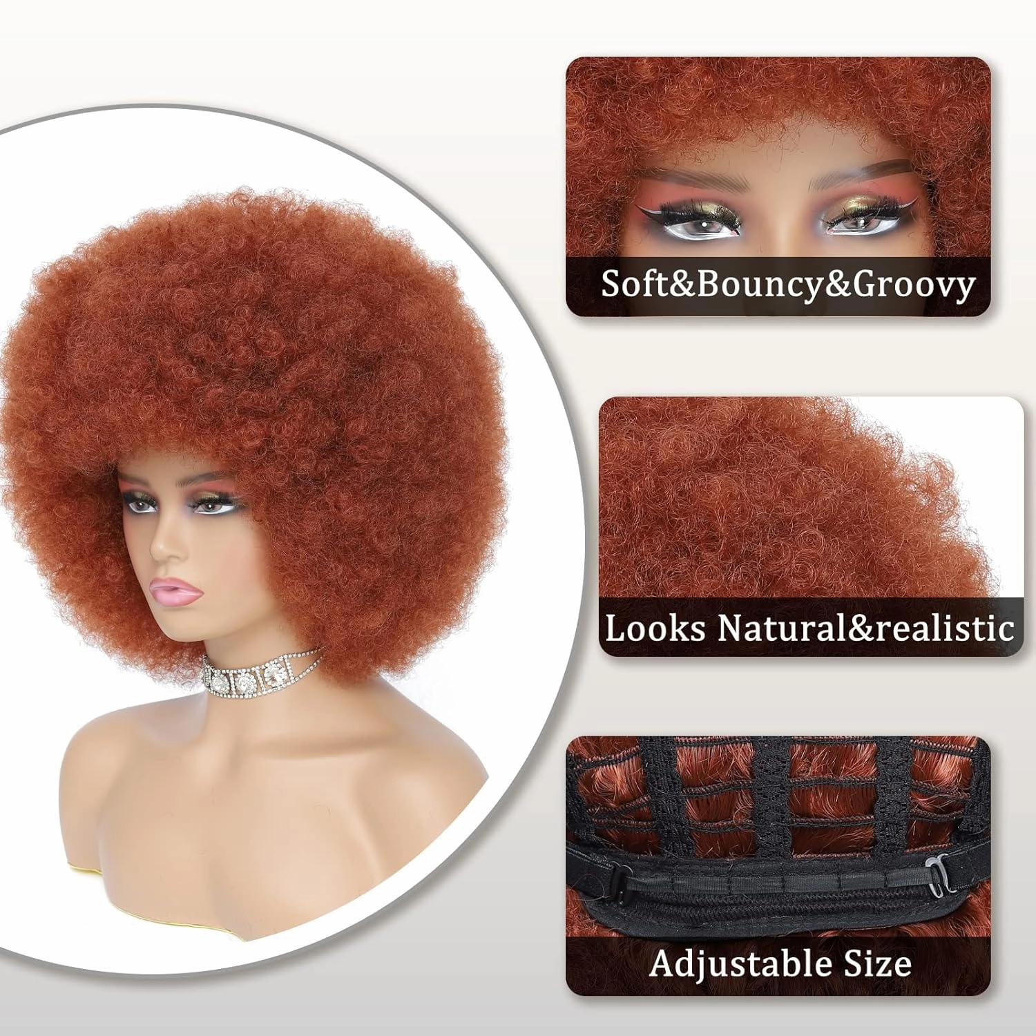 Afro Wig - 70s Auburn & Copper Red Afro Curly Wigs for Women & Men, Soft Kinky Bouncy Curls, With Bangs, Synthetic Hair For Daily & Party Use