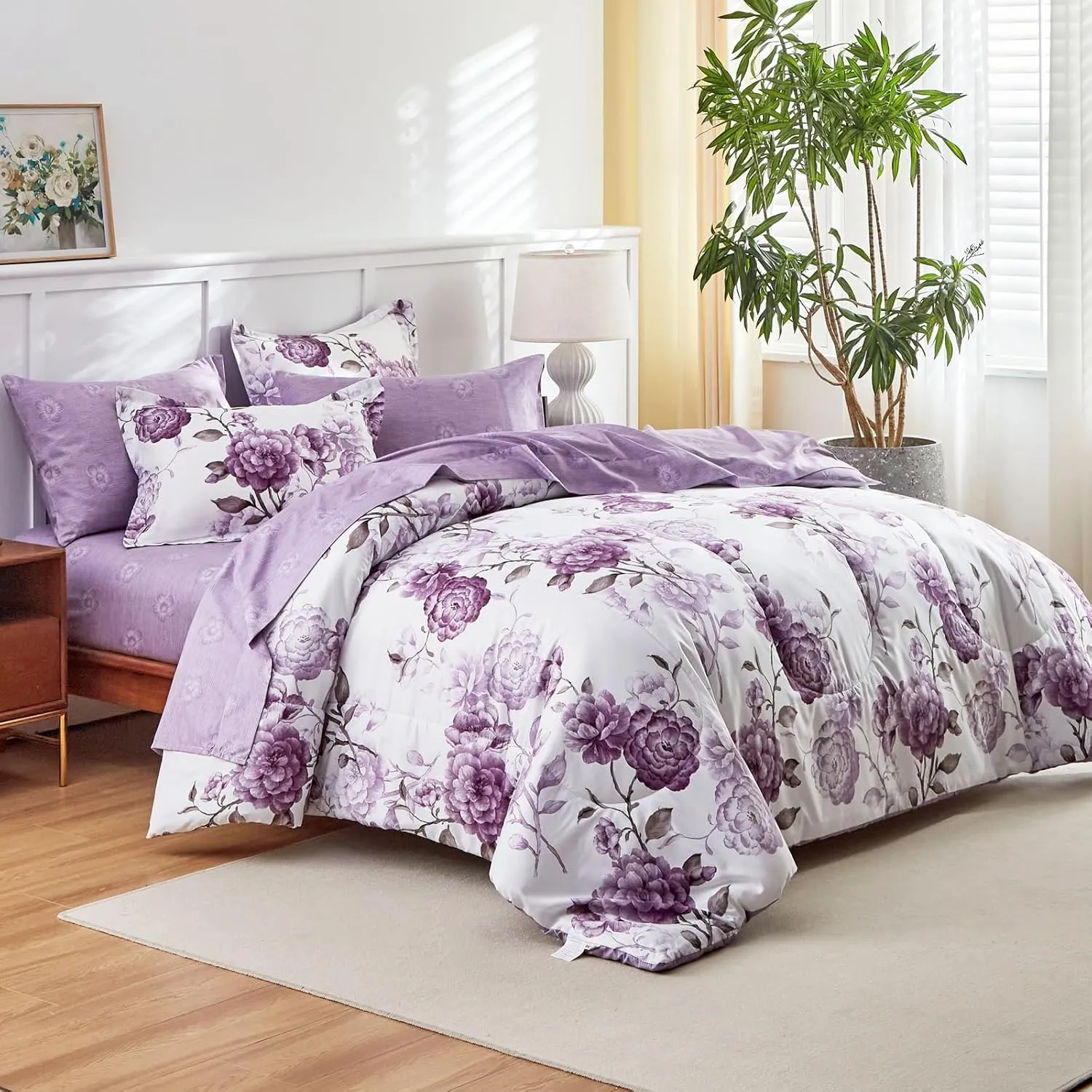 AIKASY 7-Piece Queen Size Bed in a Bag Comforter Set - Thistle Purple Floral Ensemble with Reversible Botanical Flowers Comforter, Sheets, Pillowcases & Shams
