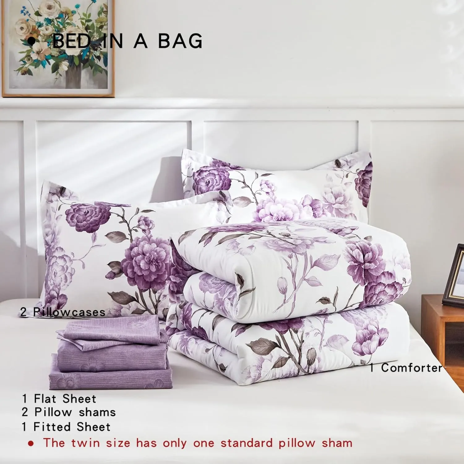 AIKASY 7-Piece Queen Size Bed in a Bag Comforter Set - Thistle Purple Floral Ensemble with Reversible Botanical Flowers Comforter, Sheets, Pillowcases & Shams