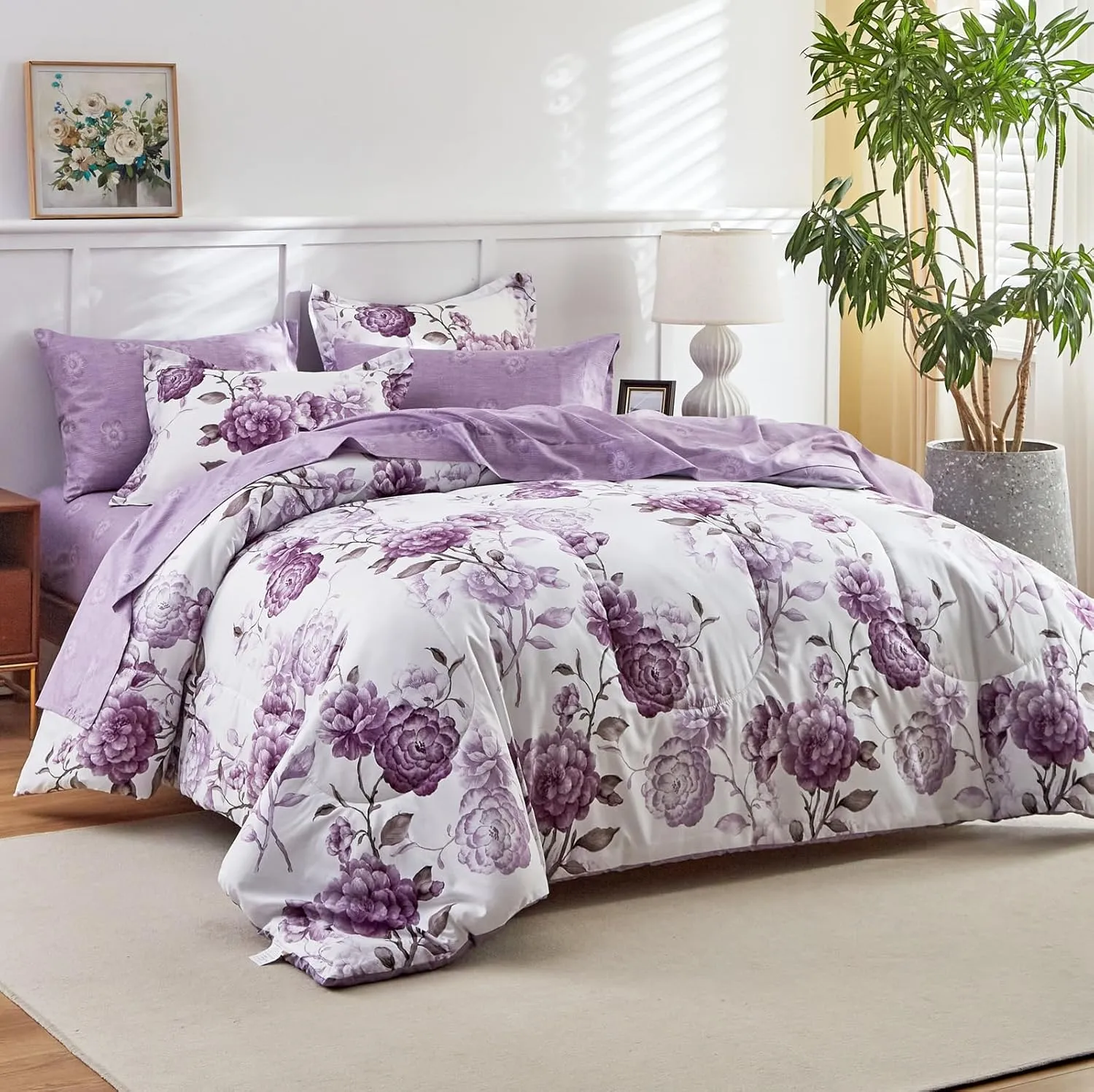 AIKASY 7-Piece Queen Size Bed in a Bag Comforter Set - Thistle Purple Floral Ensemble with Reversible Botanical Flowers Comforter, Sheets, Pillowcases & Shams